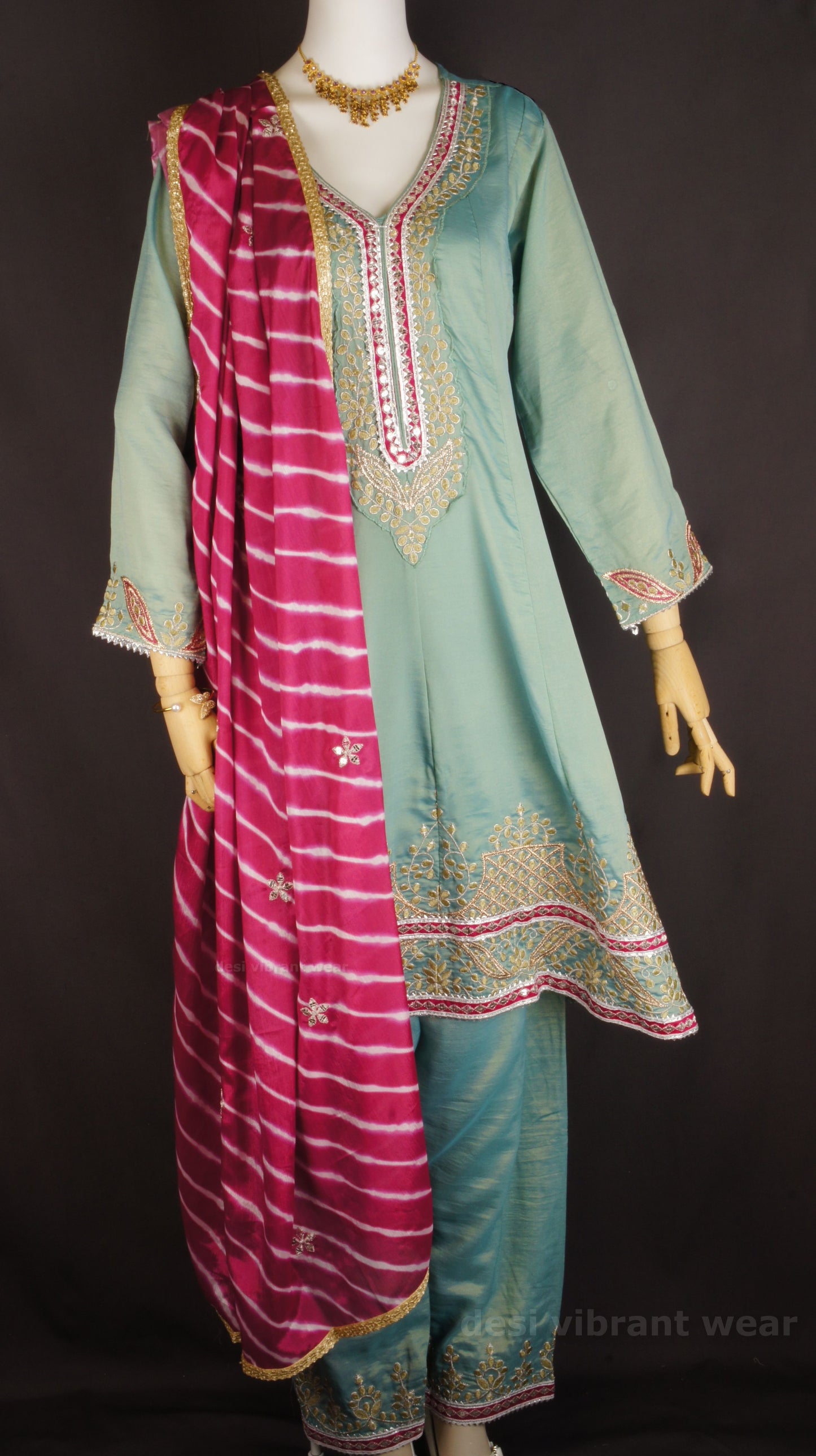 Aqua Green Simar Organza Silk Ensemble