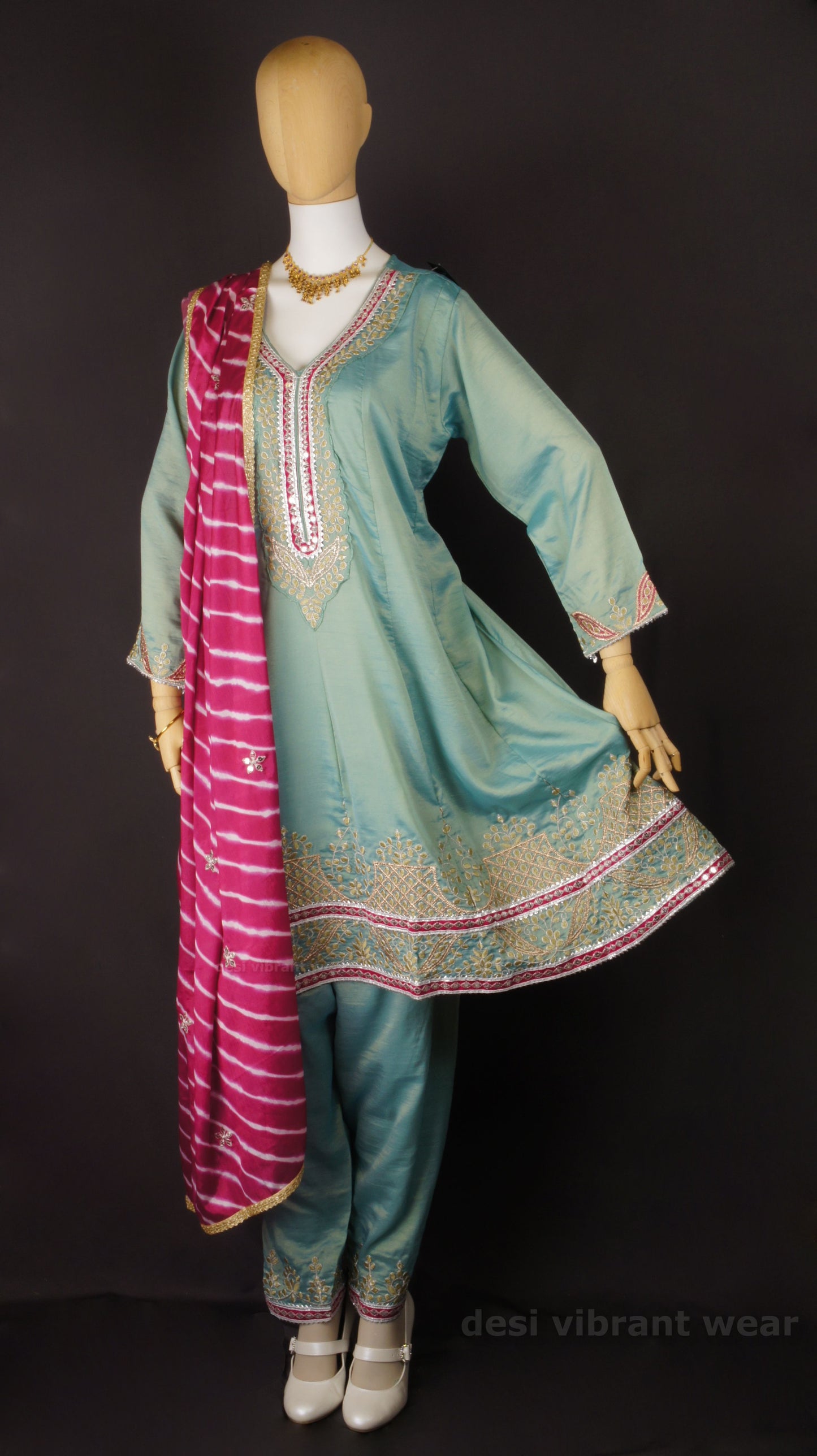 Aqua Green Simar Organza Silk Ensemble