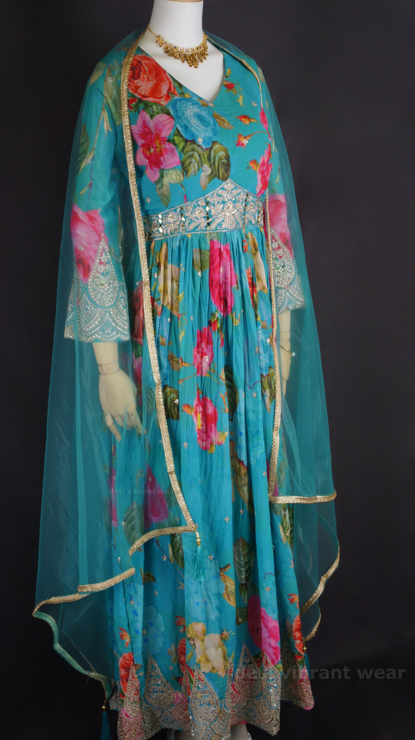 Teal Floral Anarkali Gown