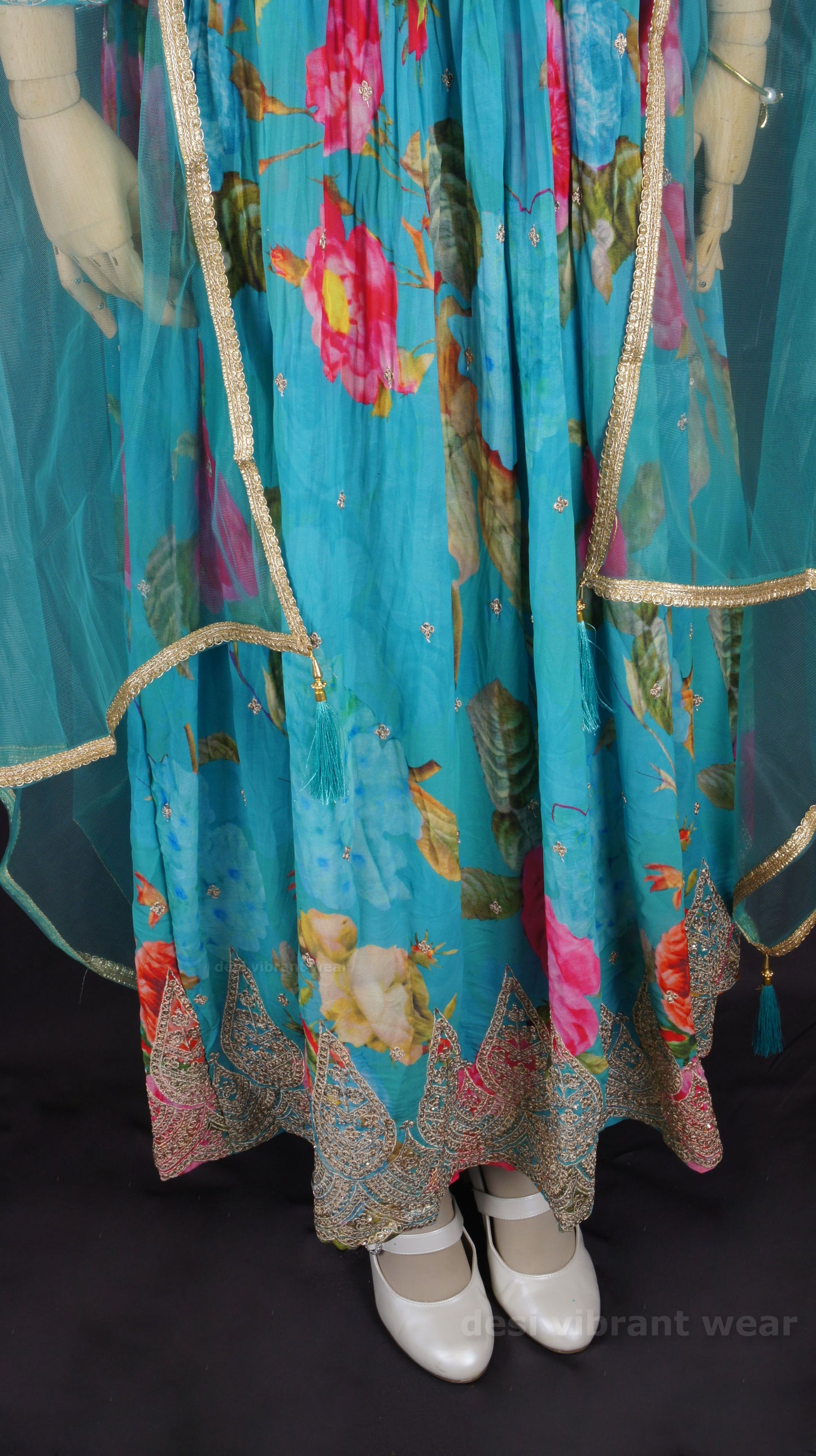 Teal Floral Anarkali Gown