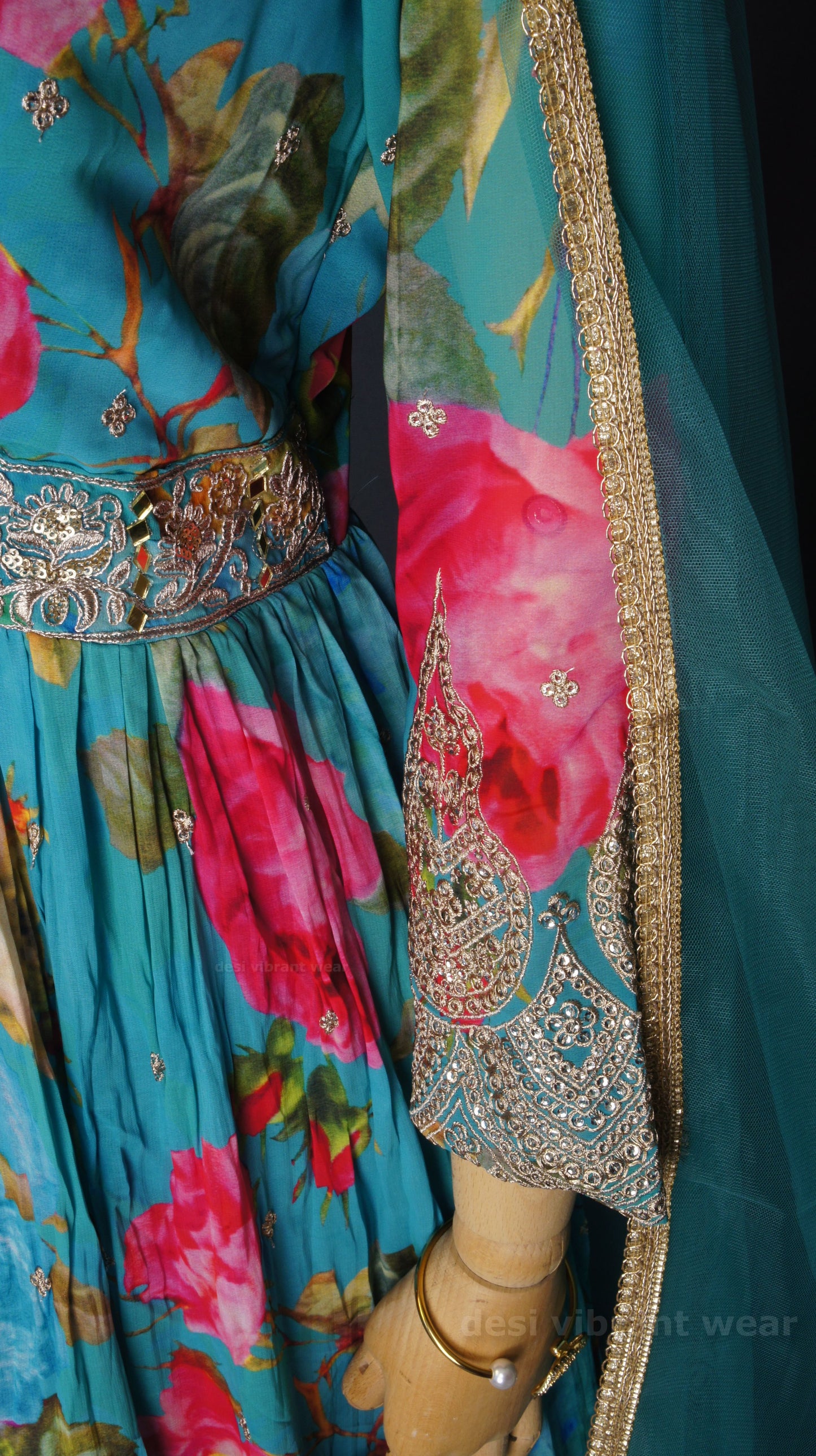Teal Floral Anarkali Gown