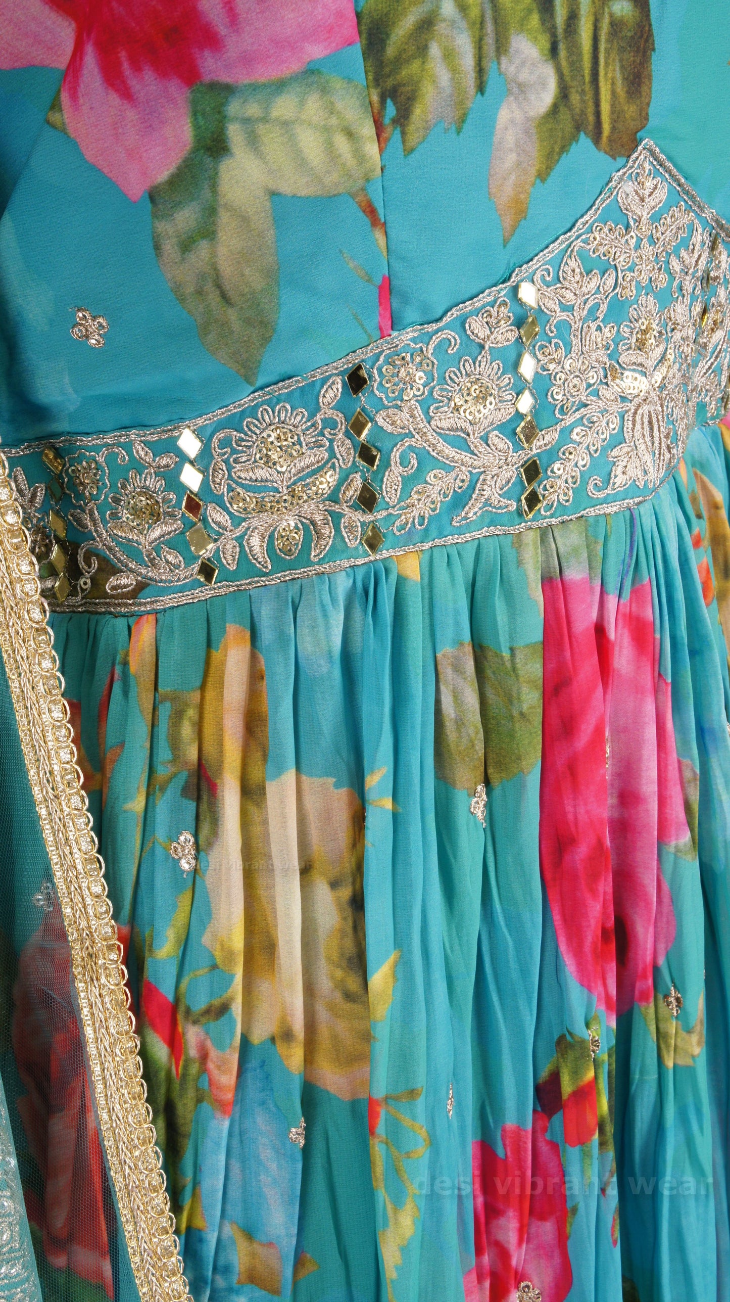 Teal Floral Anarkali Gown