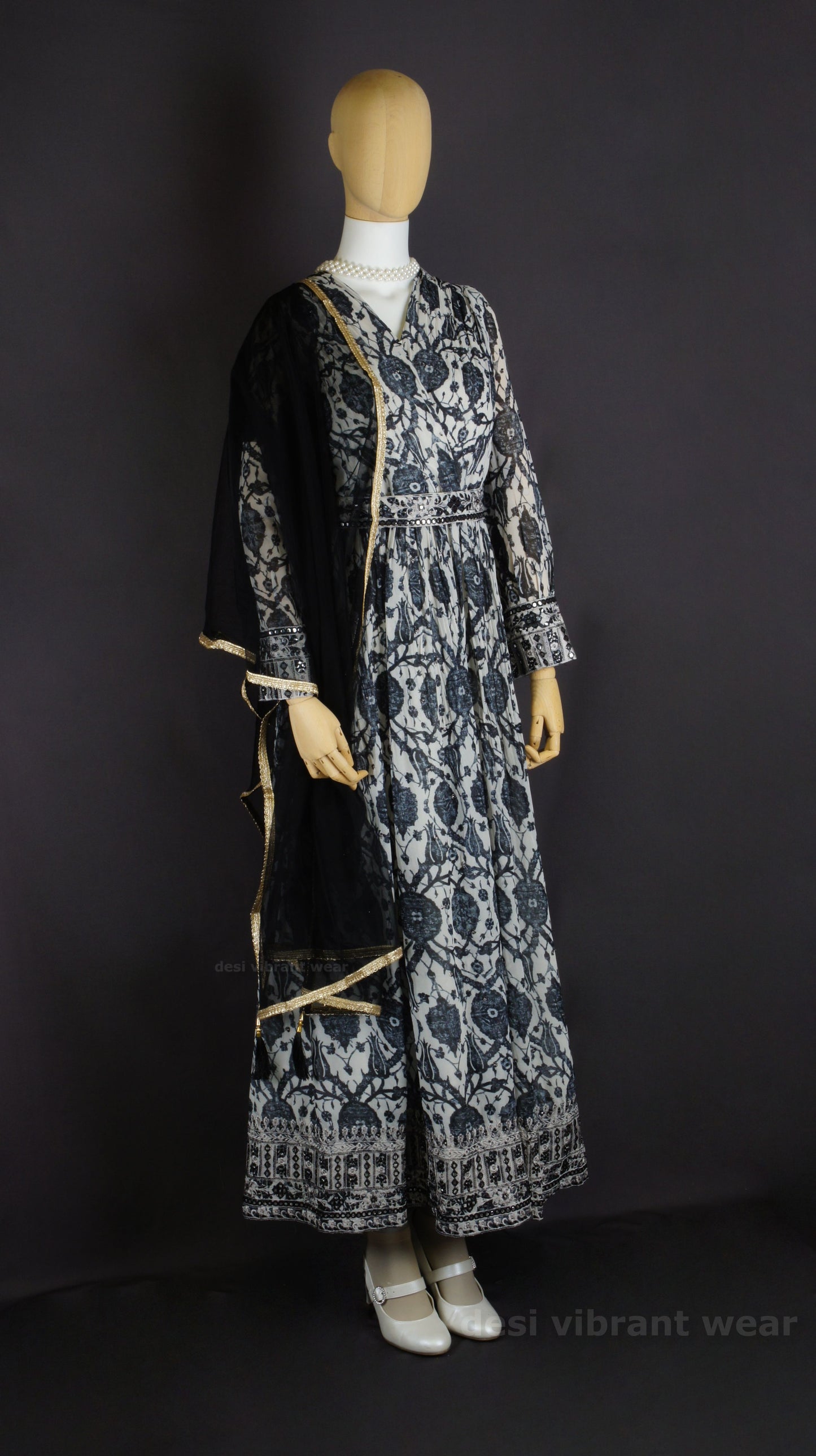 Black and Ivory Anarkali Gown