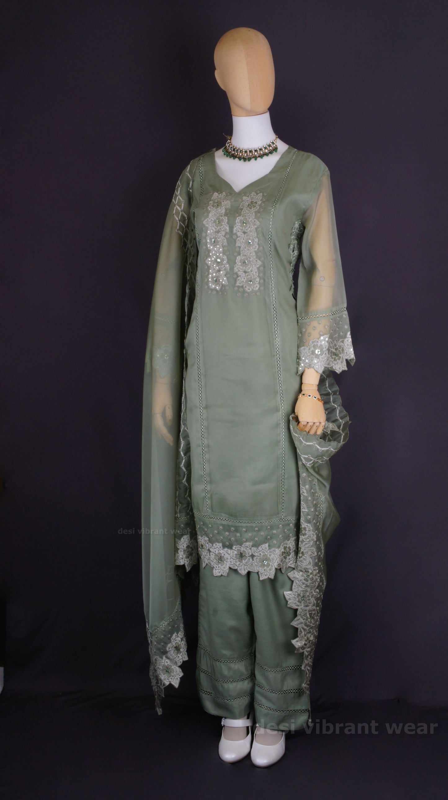 Elegant Sage Green Organza Silk Suit