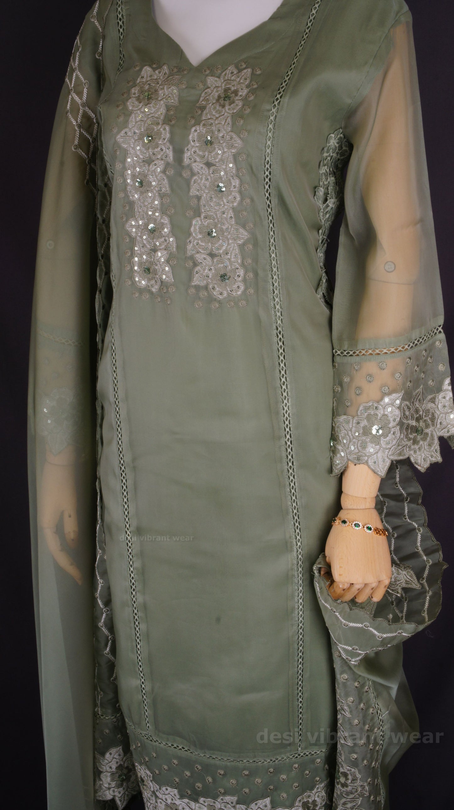 Elegant Sage Green Organza Silk Suit