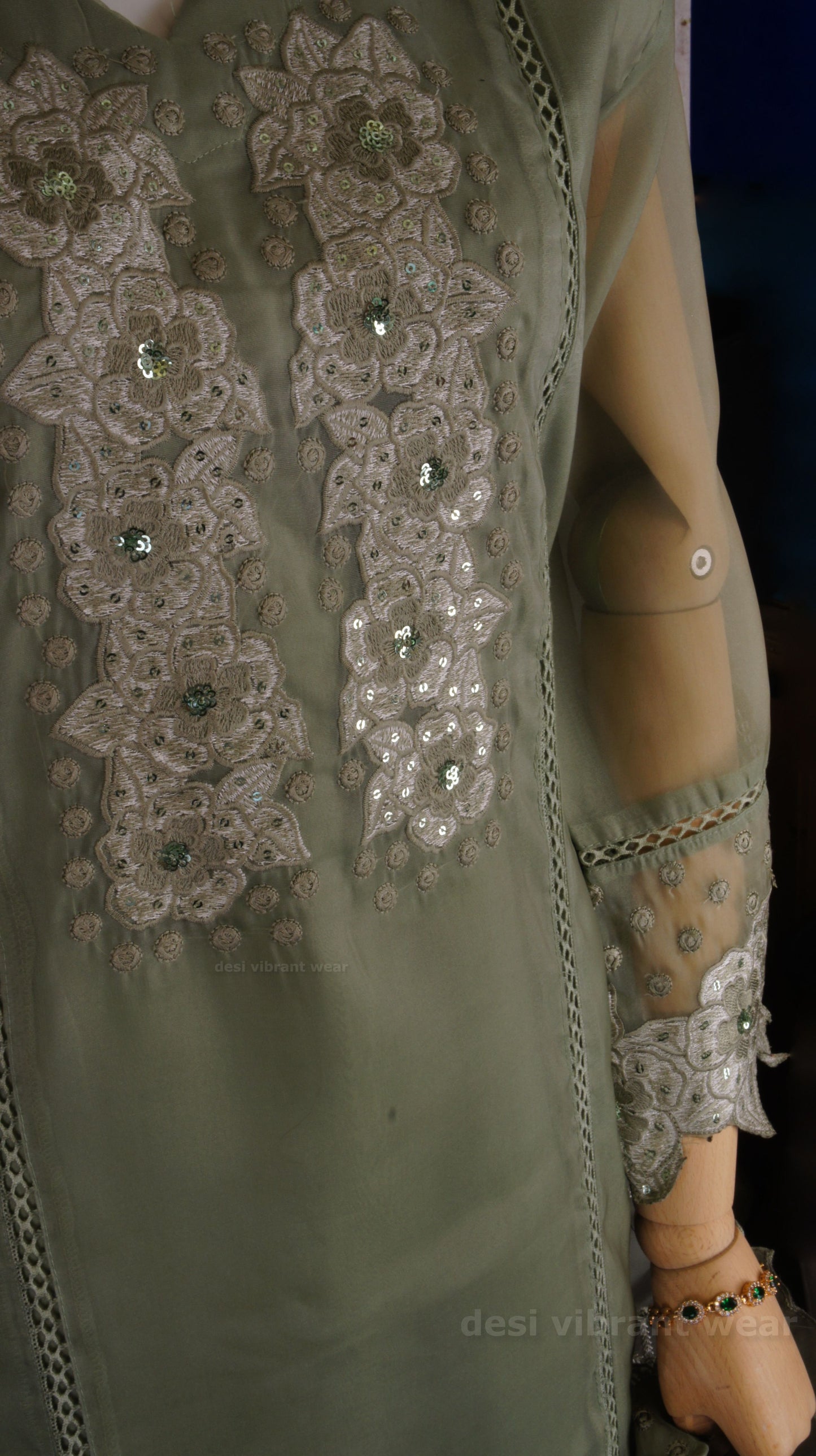 Elegant Sage Green Organza Silk Suit