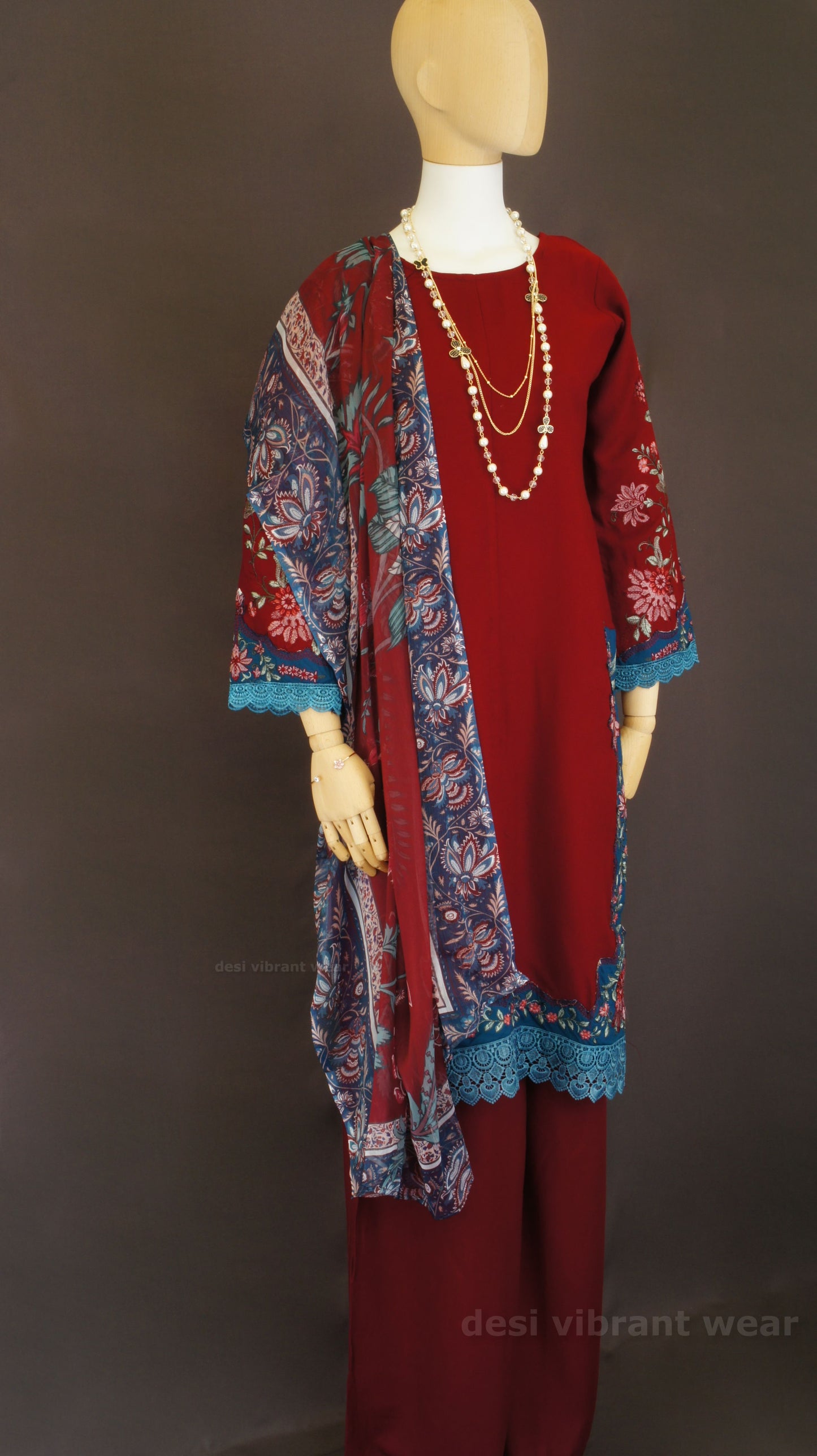 Maroon Embroidered Rayon Suit