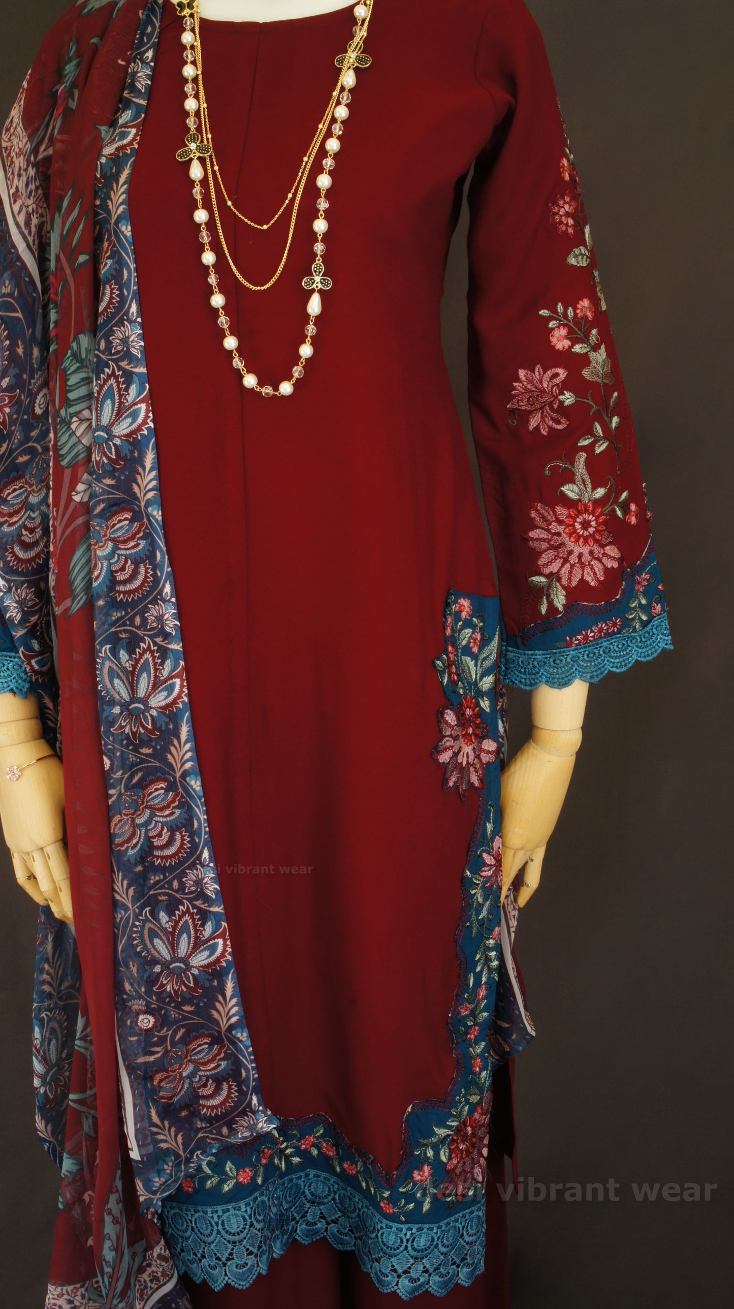 Maroon Embroidered Rayon Suit