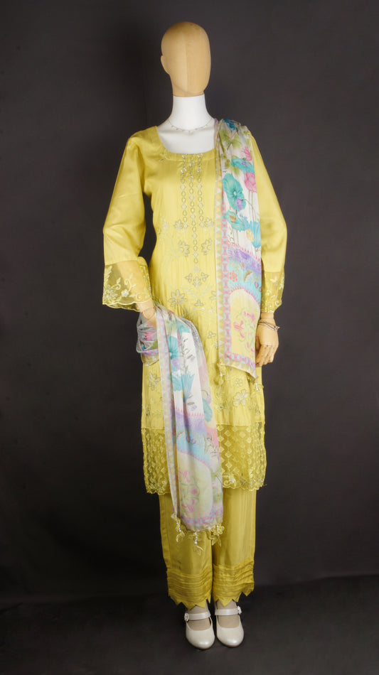 Elegant Mustard Yellow Muslin Ensemble