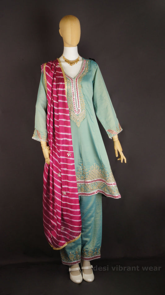 Aqua Green Simar Organza Silk Ensemble