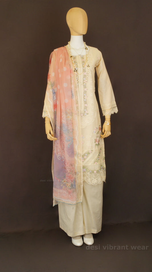 Graceful Beige Embroidered Lawn Suit