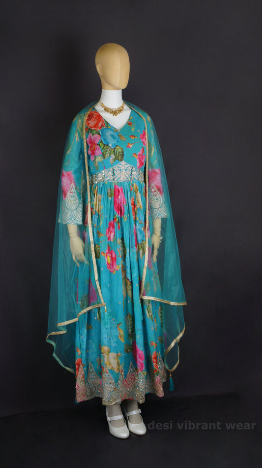 Teal Floral Anarkali Gown