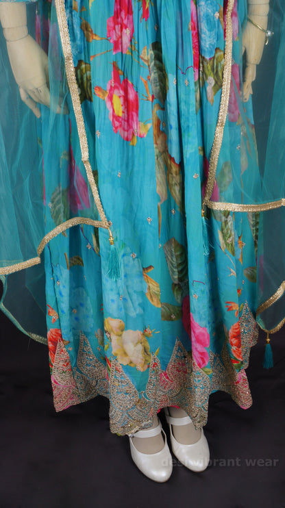 Teal Floral Anarkali Gown