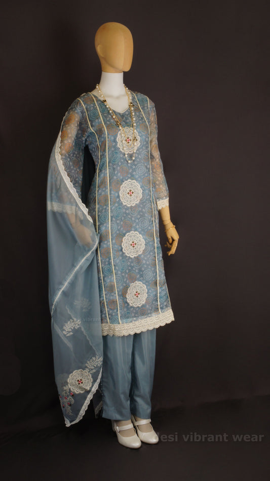 Graceful Blue Organza Silk Suit