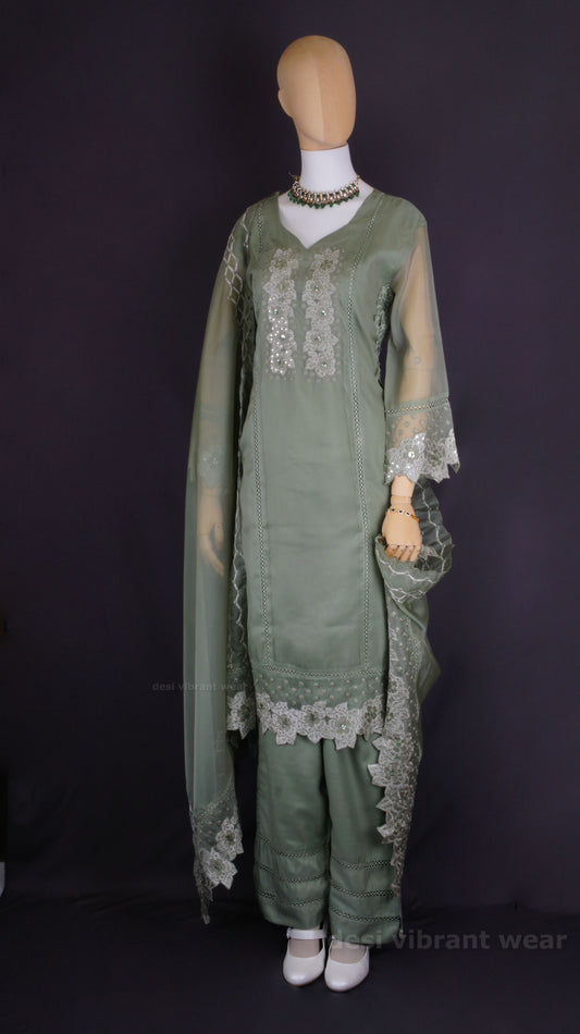 Elegant Sage Green Organza Silk Suit