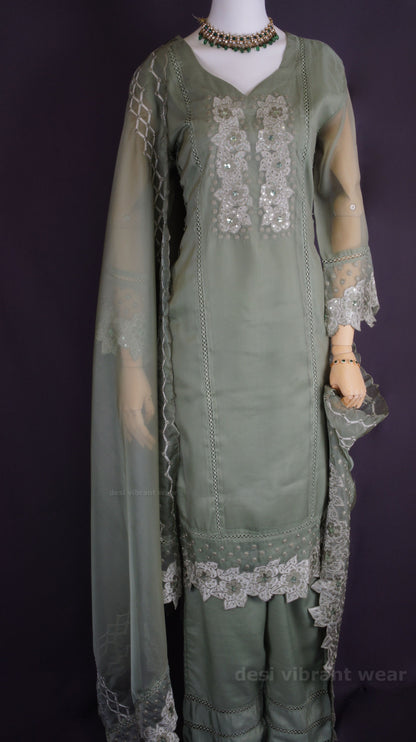 Elegant Sage Green Organza Silk Suit