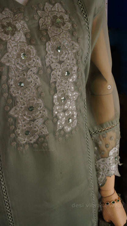 Elegant Sage Green Organza Silk Suit