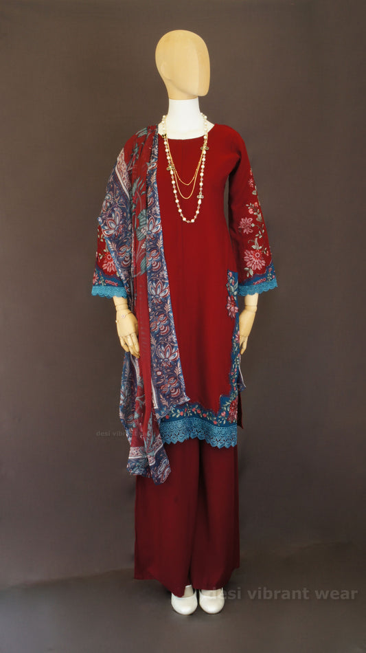 Maroon Embroidered Rayon Suit