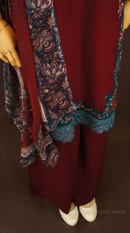 Maroon Embroidered Rayon Suit