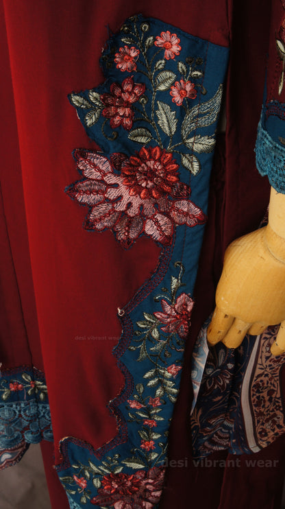 Maroon Embroidered Rayon Suit