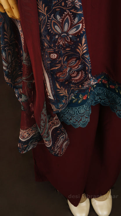 Maroon Embroidered Rayon Suit